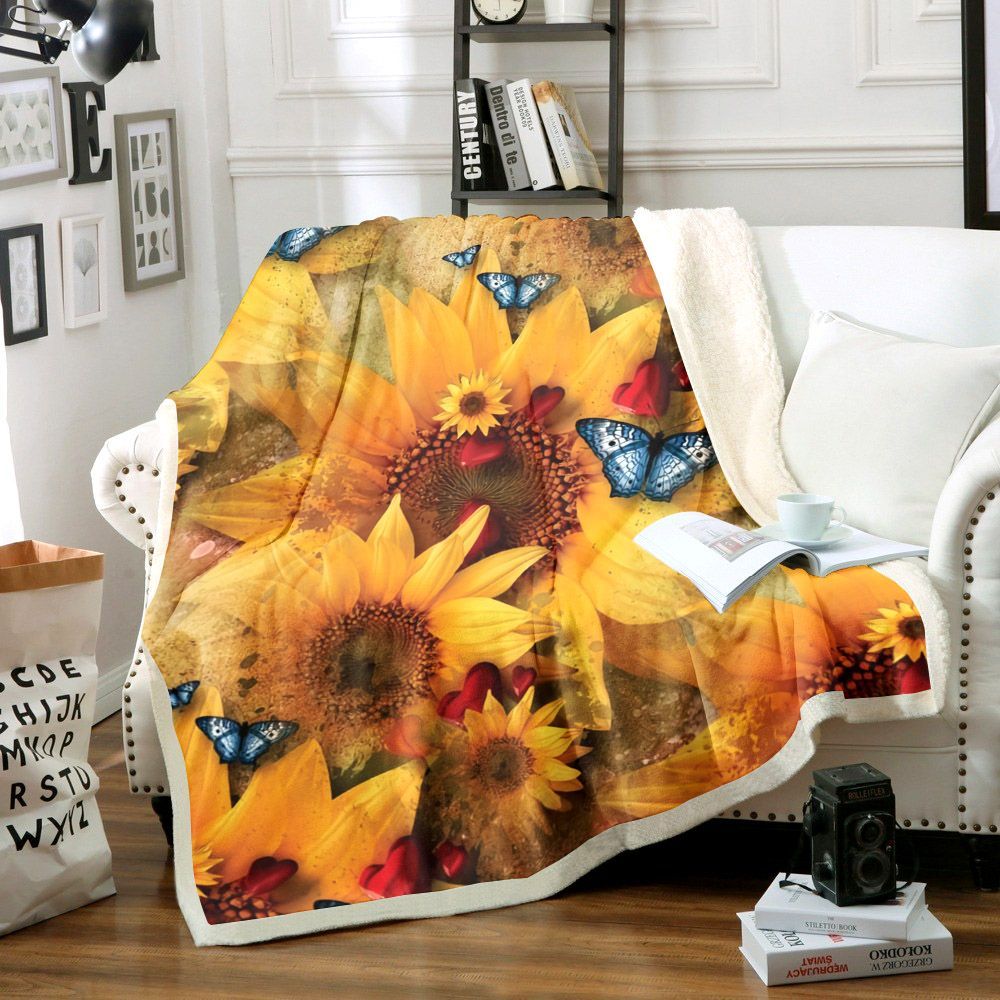 Sunflower And Butterfly Sherpa Fleece Blanket