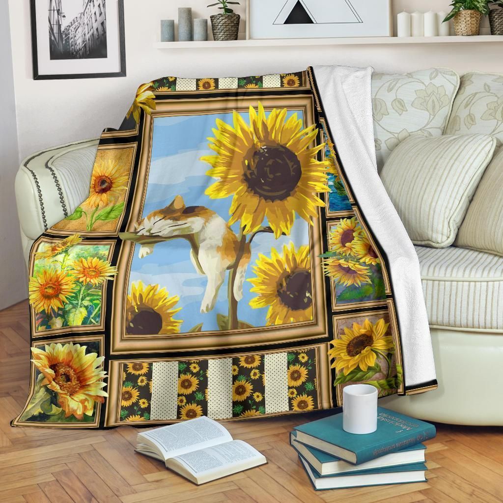 Sunflower And Cat Sherpa Fleece Blanket
