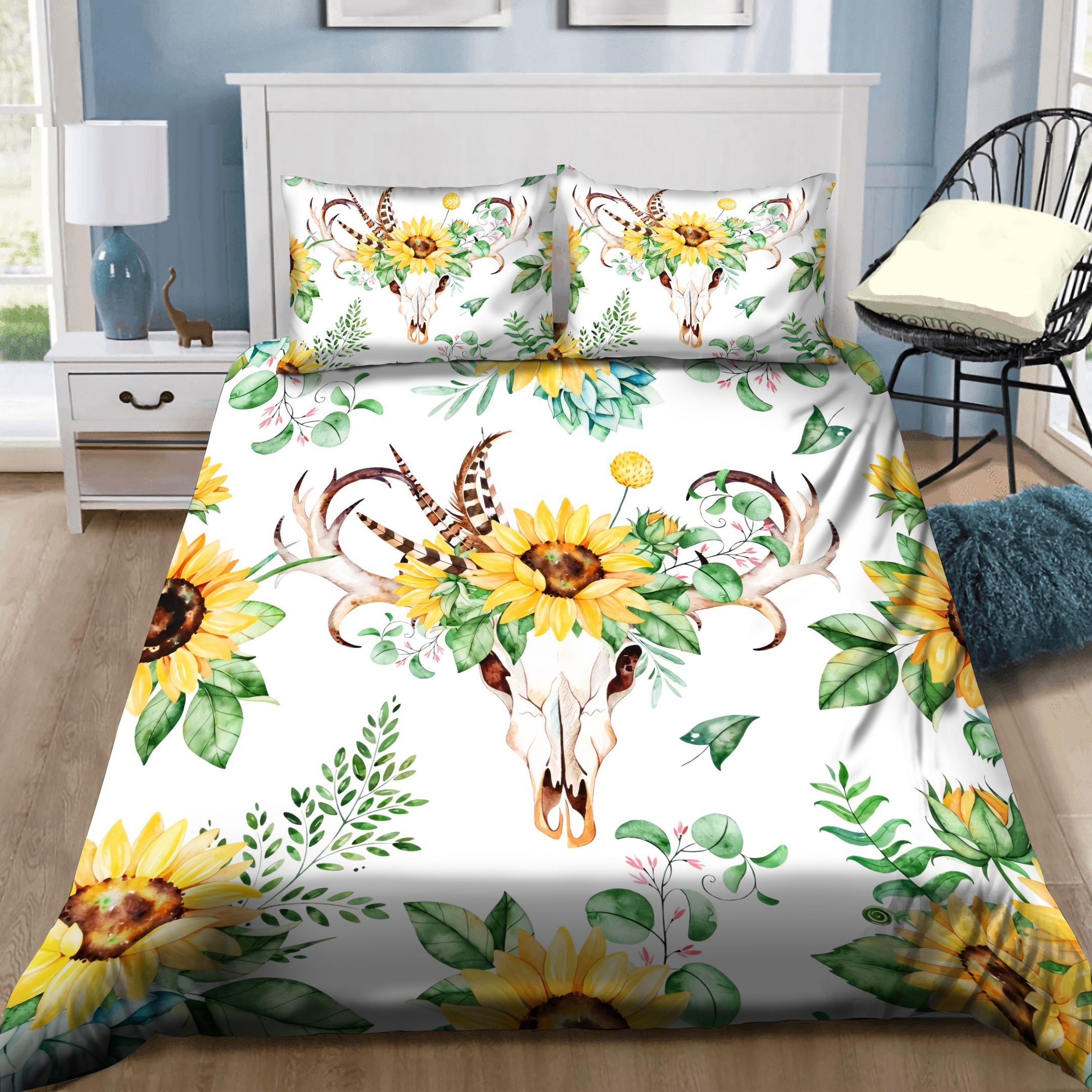 Sunflower And Deer Skull On White Bedding Set