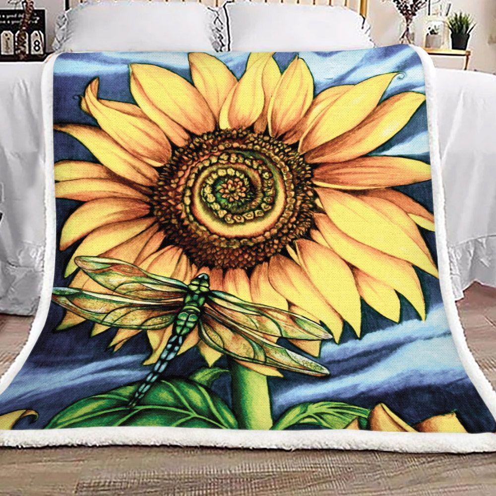 Sunflower And Dragonfly Sherpa Fleece Blanket