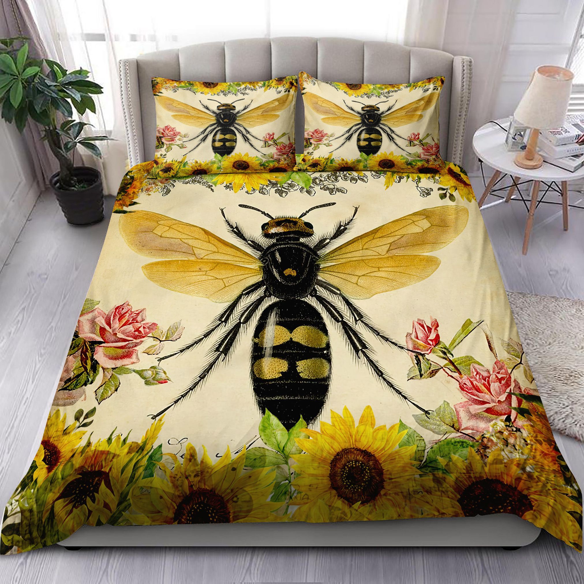 Sunflower And Honey Bee Vintage Bedding Set