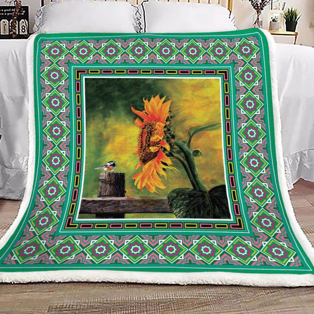Sunflower And Purple Bird Sherpa Fleece Blanket