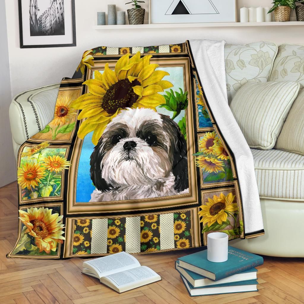 Sunflower And Shih Tzu Sherpa Fleece Blanket