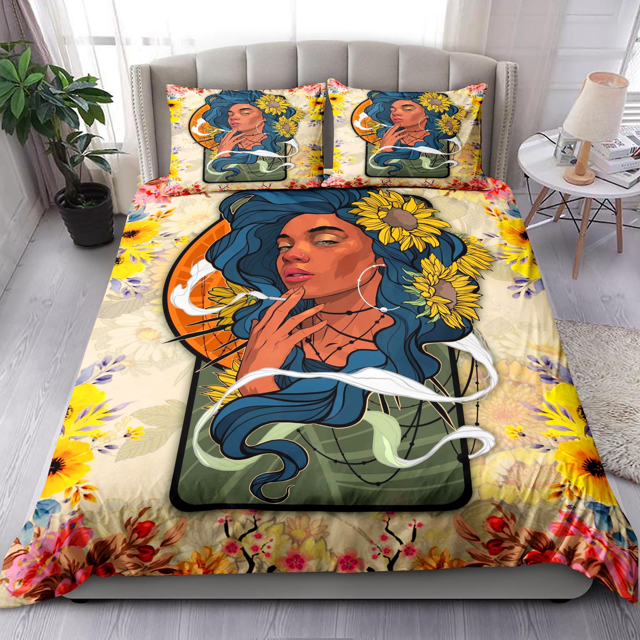 Sunflower Black Girl Smoking Bedding Set
