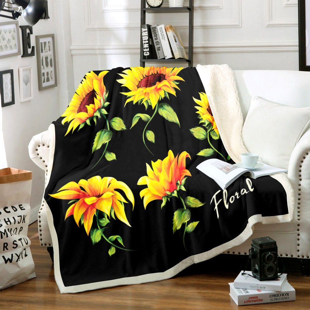Sunflower Black Sherpa Fleece Blanket