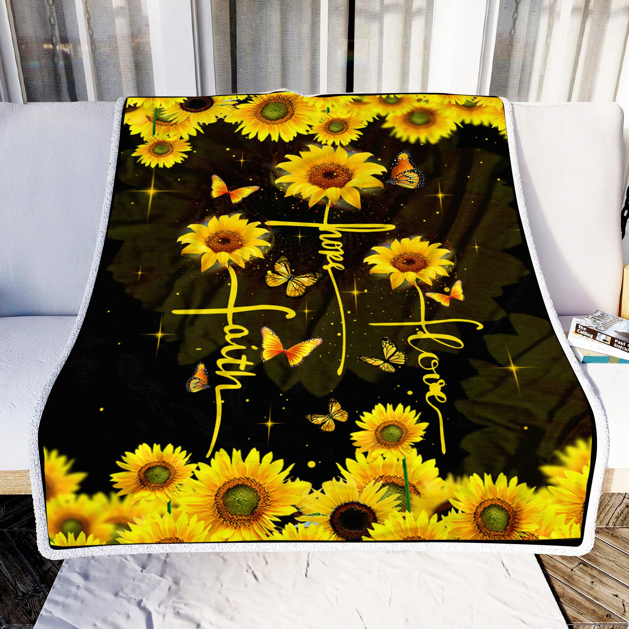 Sunflower Butterfly Faith Hope Love Fleece Blanket