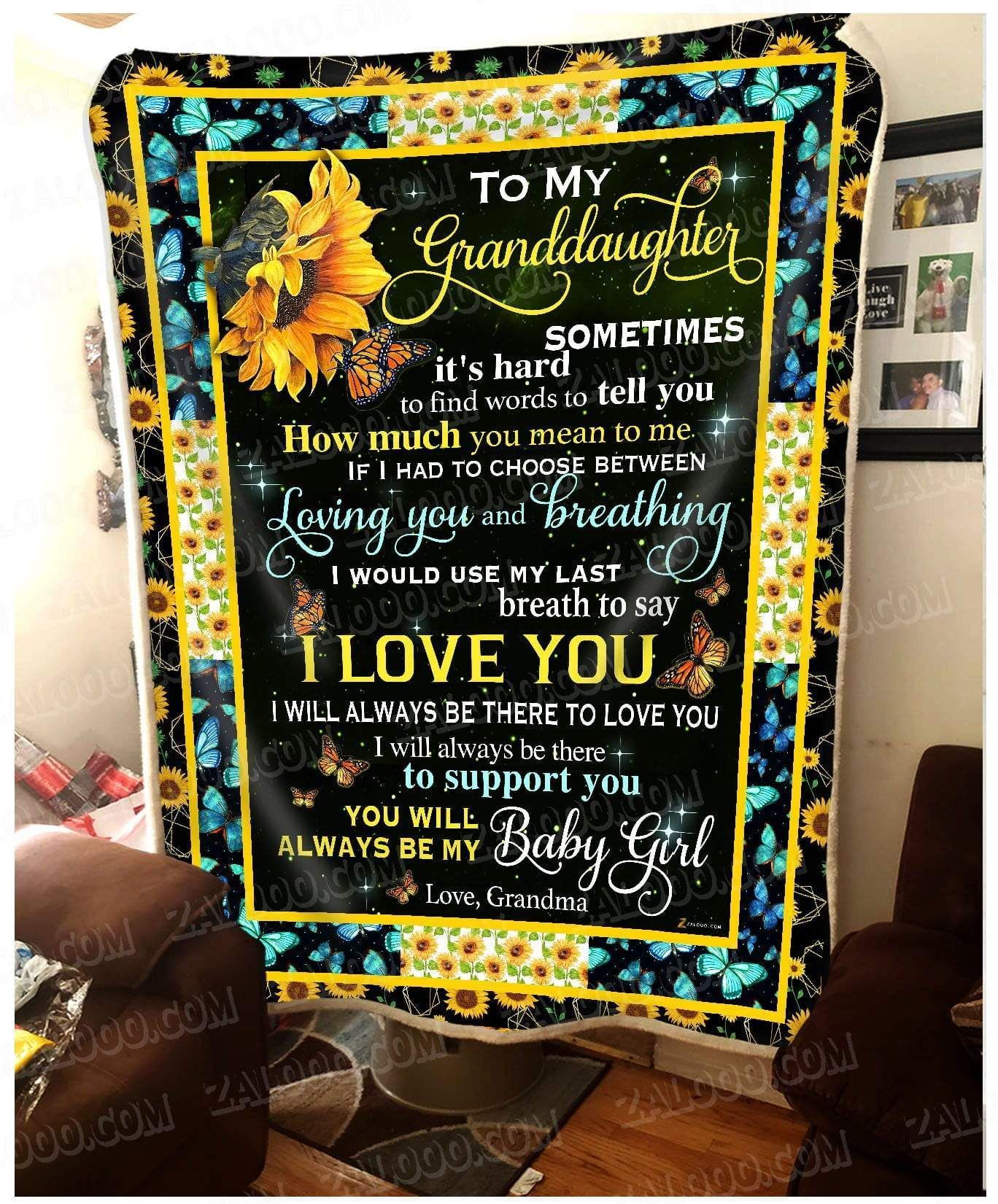 Sunflower Butterfly Granddaughter Grandma How Much You Mean To Me Sherpa Fleece Blanket