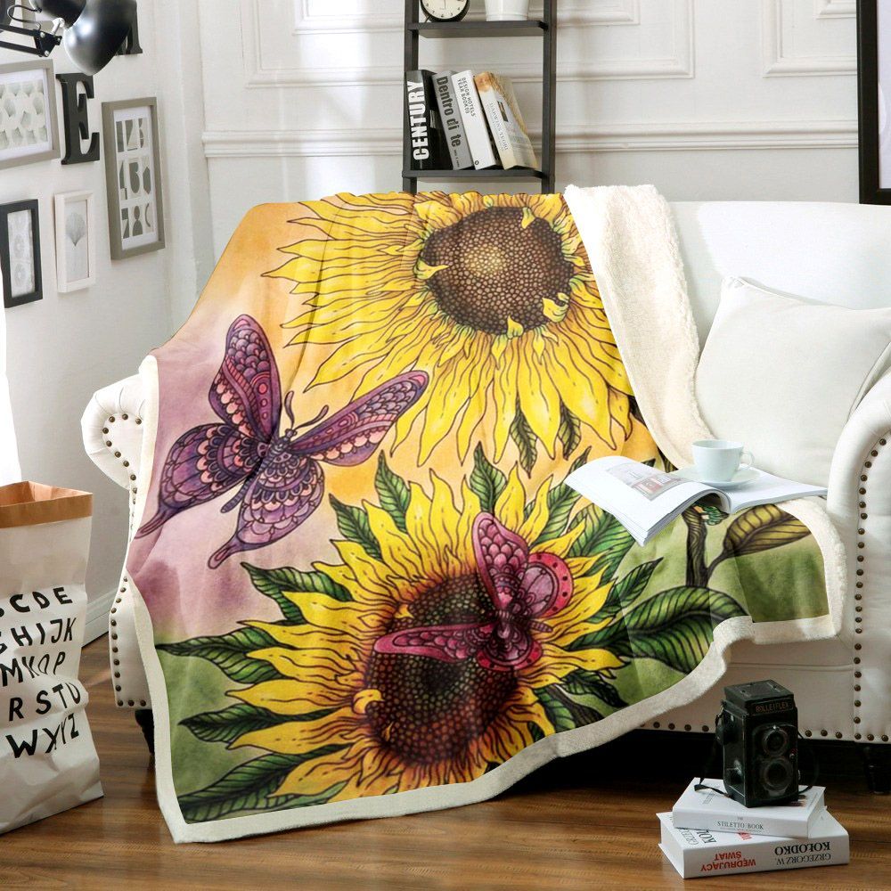 Sunflower Butterfly Sherpa Fleece Blanket