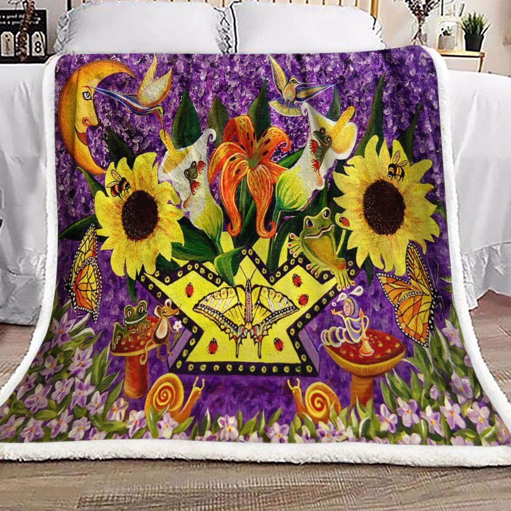 Sunflower Butterfly Moon Flower Frog Bee Sherpa Fleece Blanket