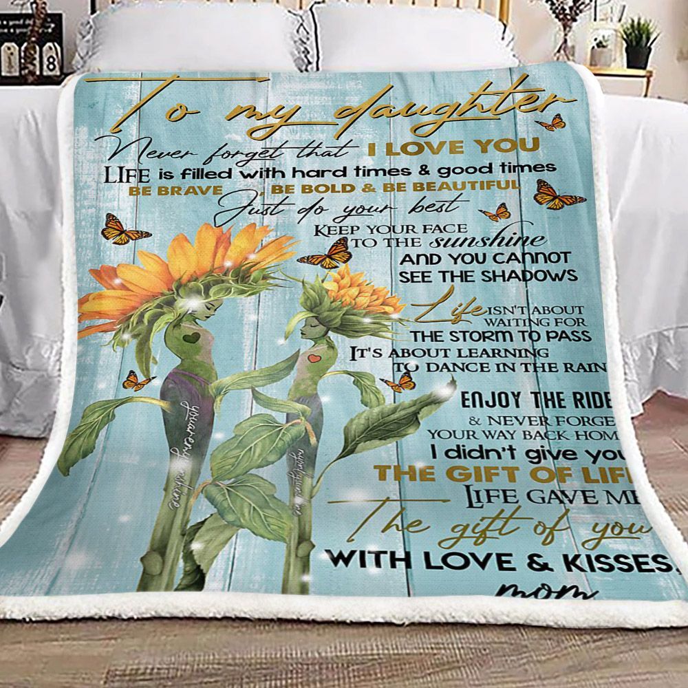 Sunflower Butterfly To My Daughter Kisses Mom Sherpa Fleece Blanket