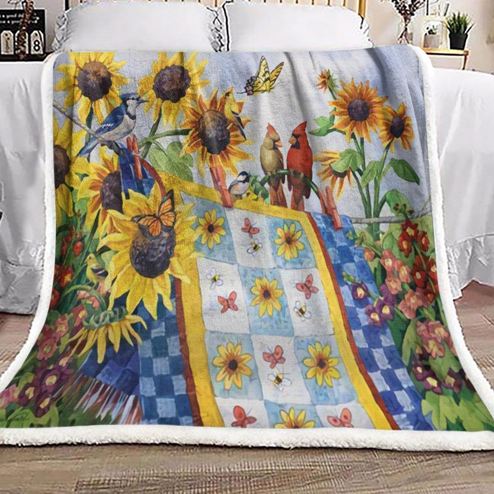 Sunflower Cardinal Butterfly Quilt Sherpa Fleece Blanket