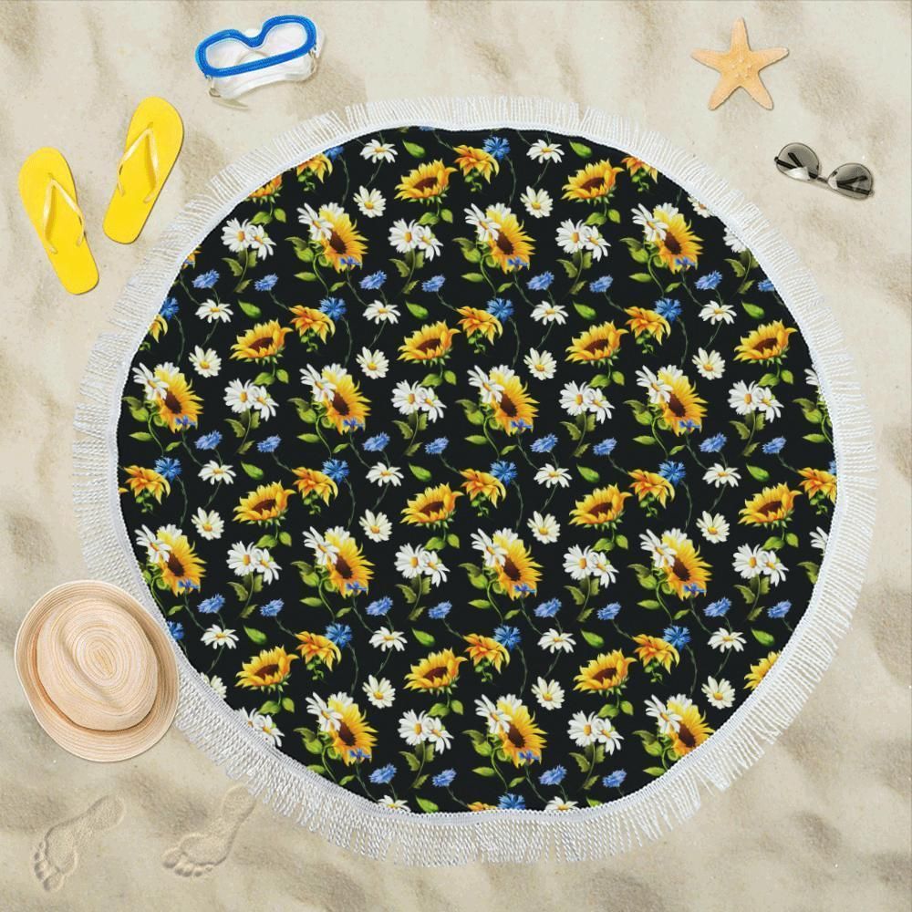 Sunflower Chamomile Bright Color Print Round Beach Towel