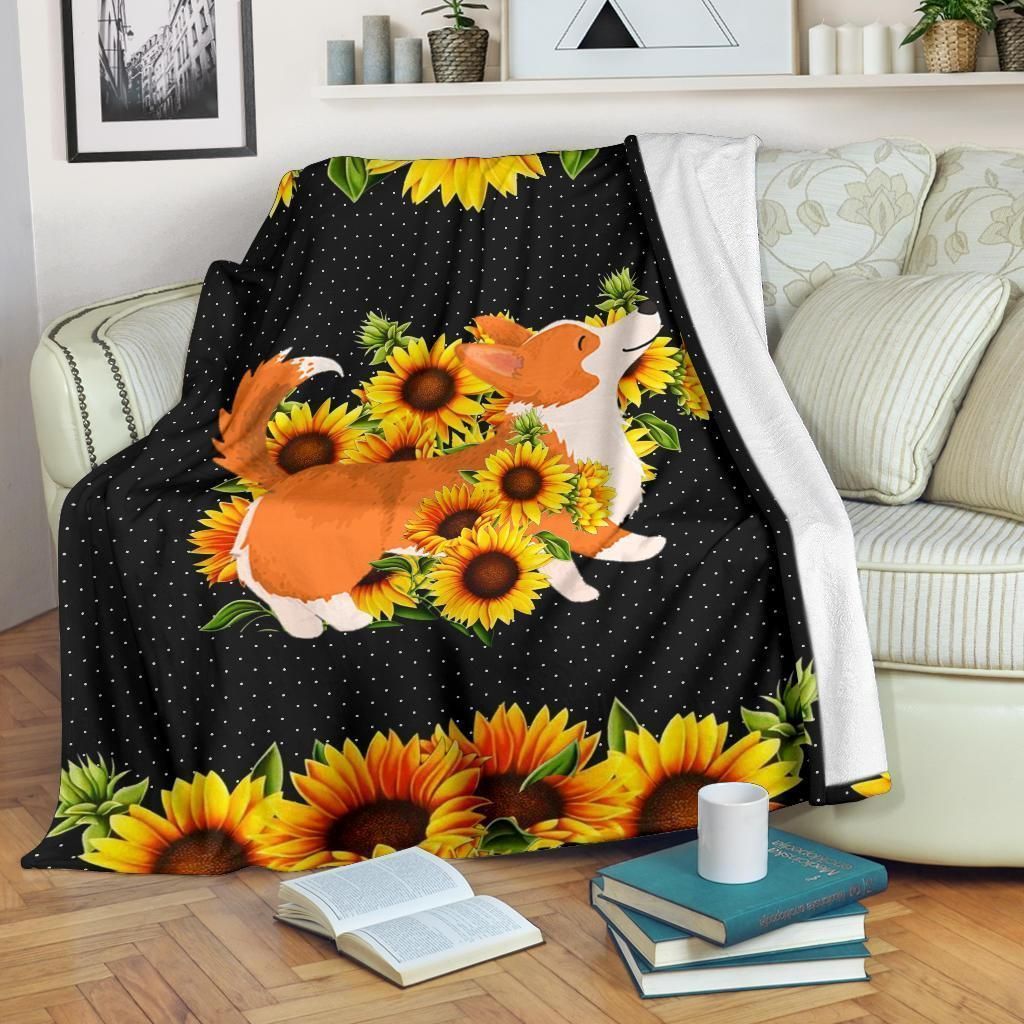 Sunflower Corgi Sherpa Fleece Blanket