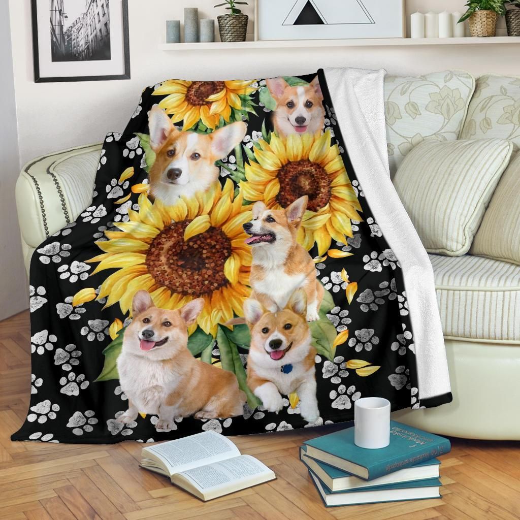 Sunflower Corgi Sherpa Fleece Blanket
