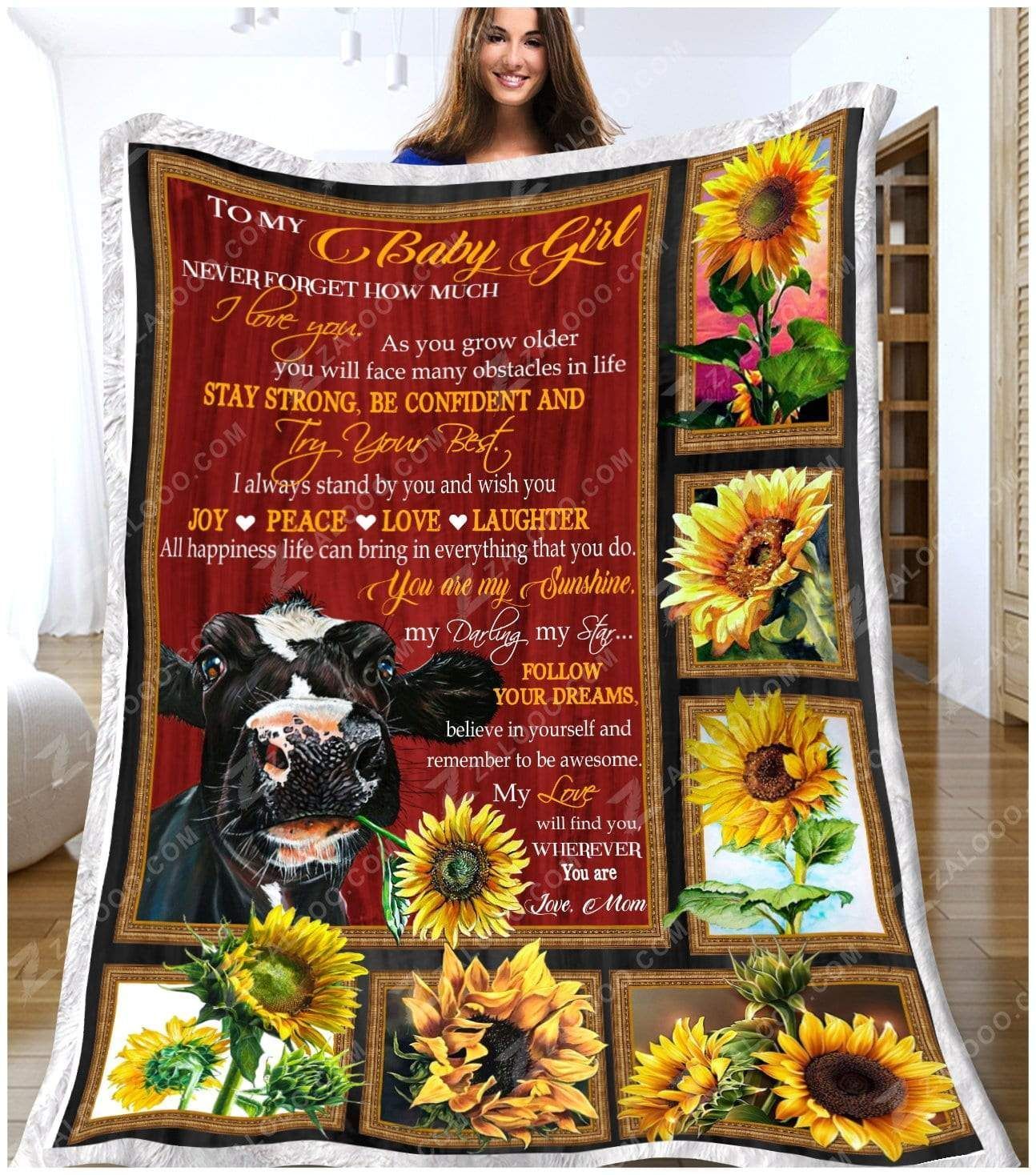 Sunflower Cow Baby Girl Try Your Best Love Mom Sherpa Fleece Blanket