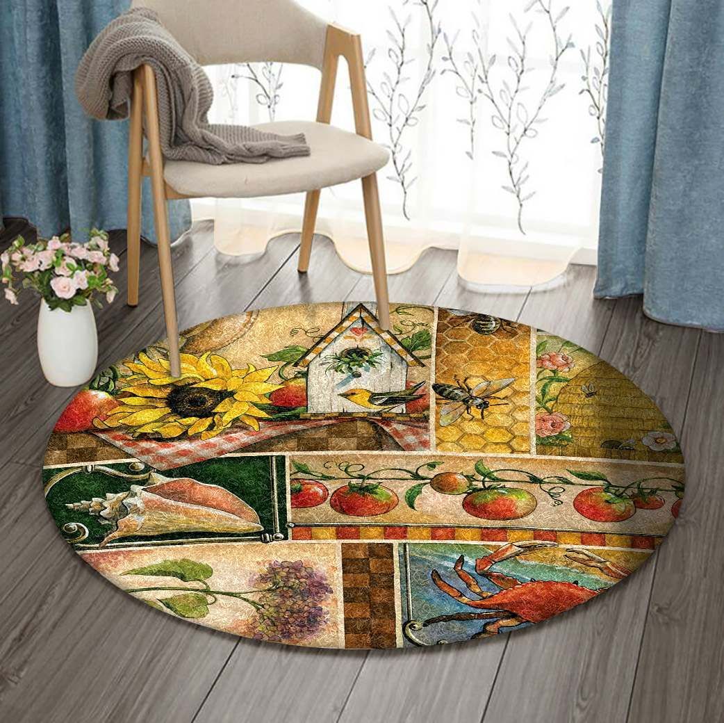 Sunflower Crab Bee Watermelon And Corn Round Carpet