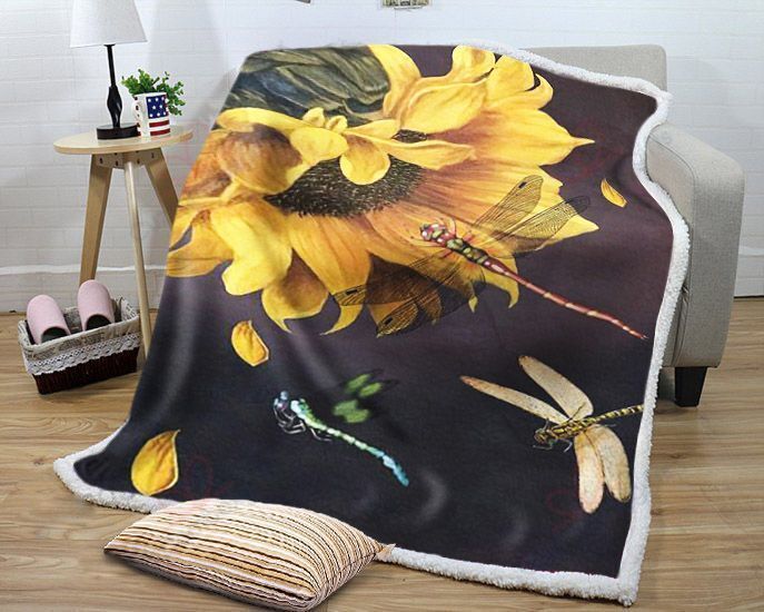 Sunflower Dragonfly Sherpa Fleece Blanket