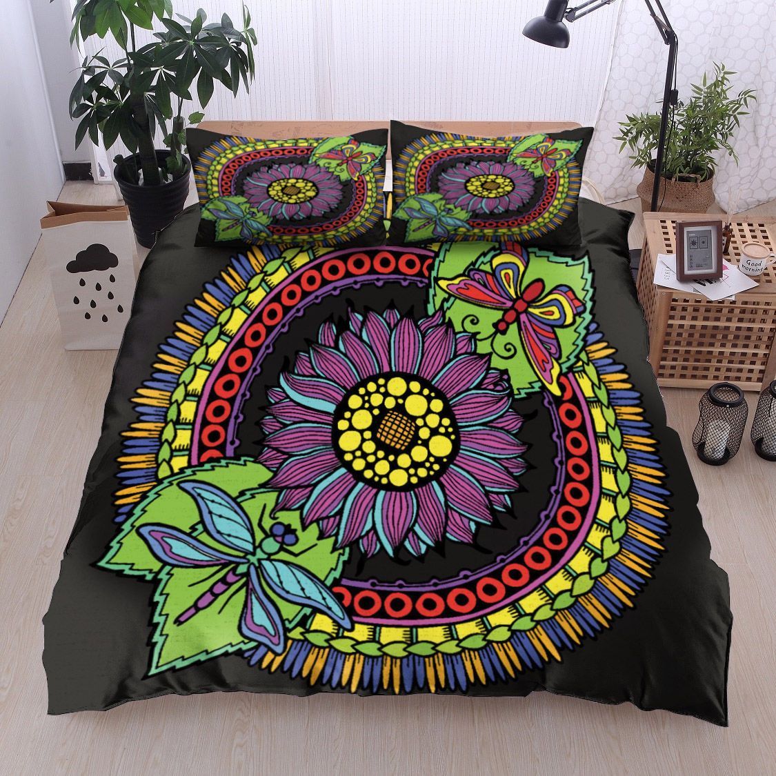 Sunflower Dragonfly Butterfly Hippie Bedding Set