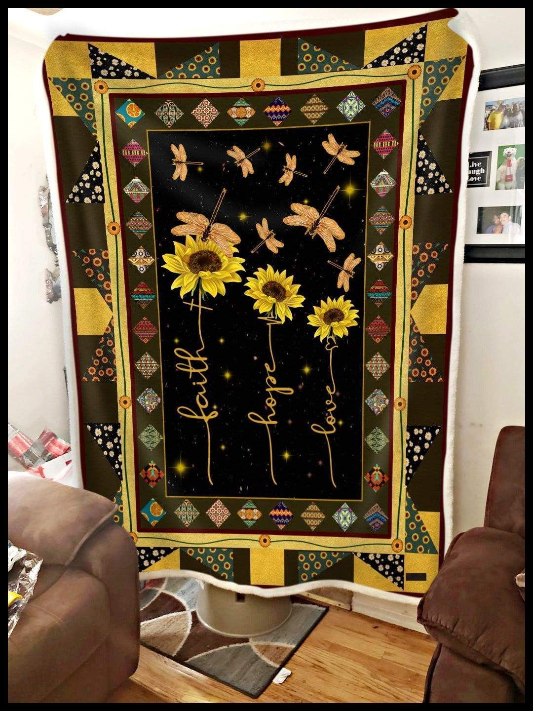 Sunflower Dragonfly Faith Hope Love Sherpa Fleece Blanket