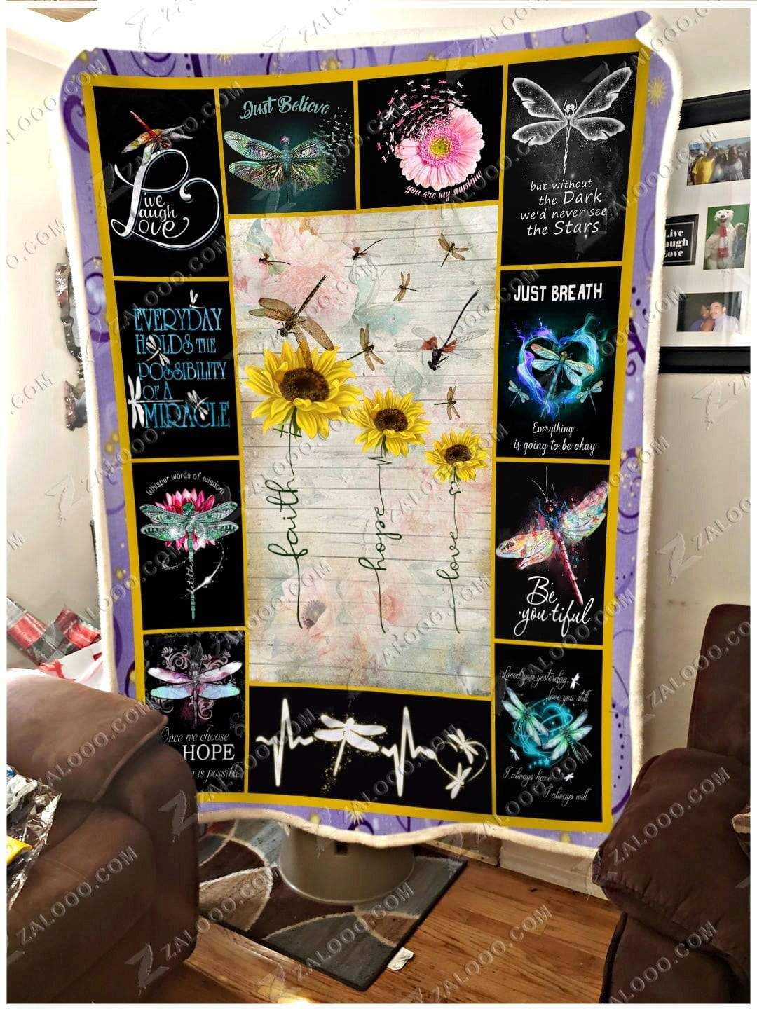 Sunflower Dragonfly Faith Hope Love Sherpa Fleece Blanket