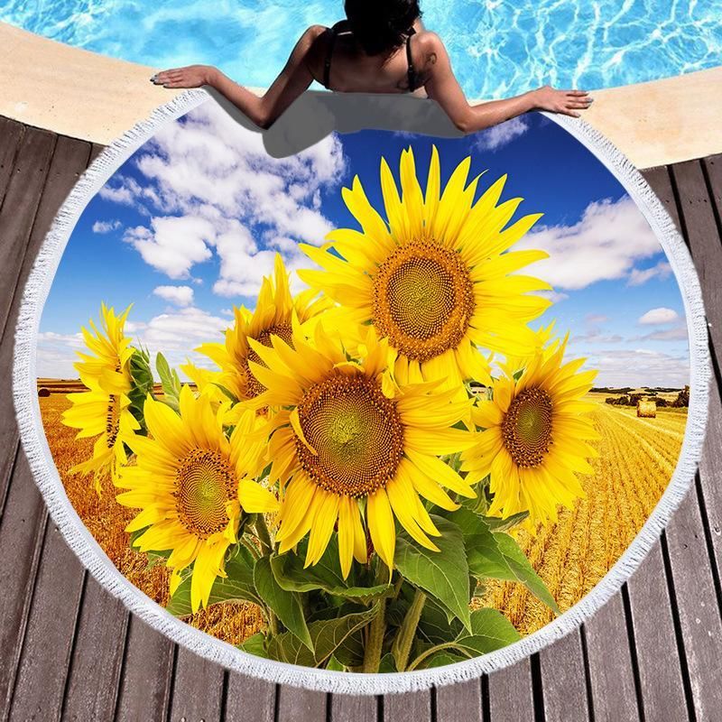 Sunflower Field 3d Printed Round Beach Towel