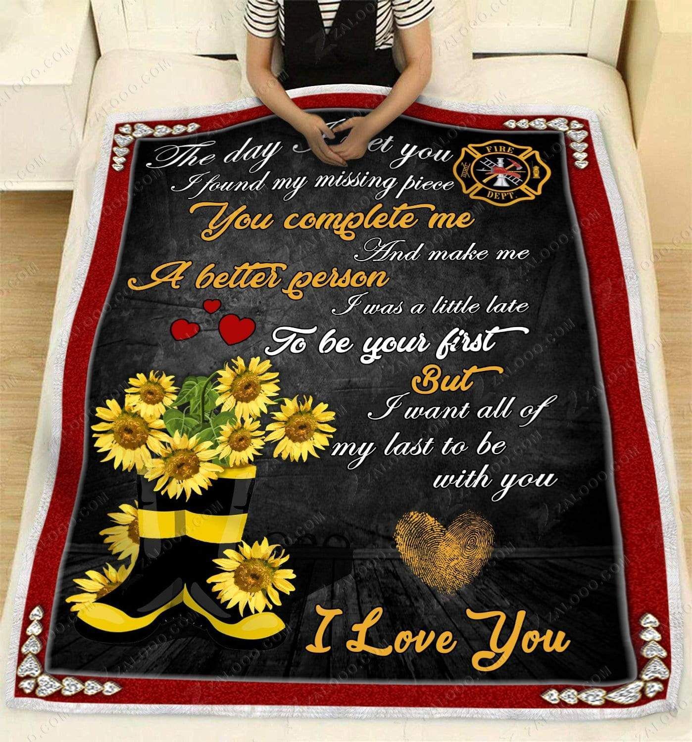 Sunflower Firefighter To My Wife Flower Boots Sherpa Fleece Blanket
