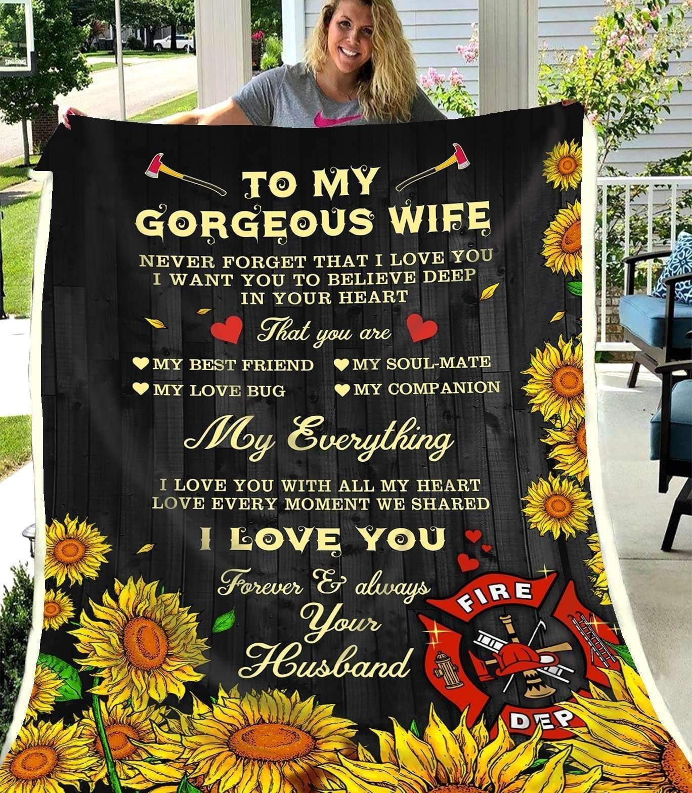 Sunflower Firefighter To My Wife My Everything Sherpa Fleece Blanket