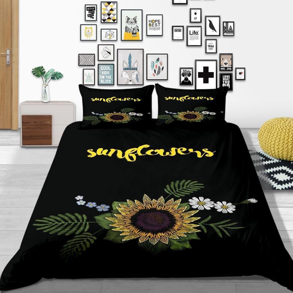 Sunflower Floral Black Printed Bedding Set
