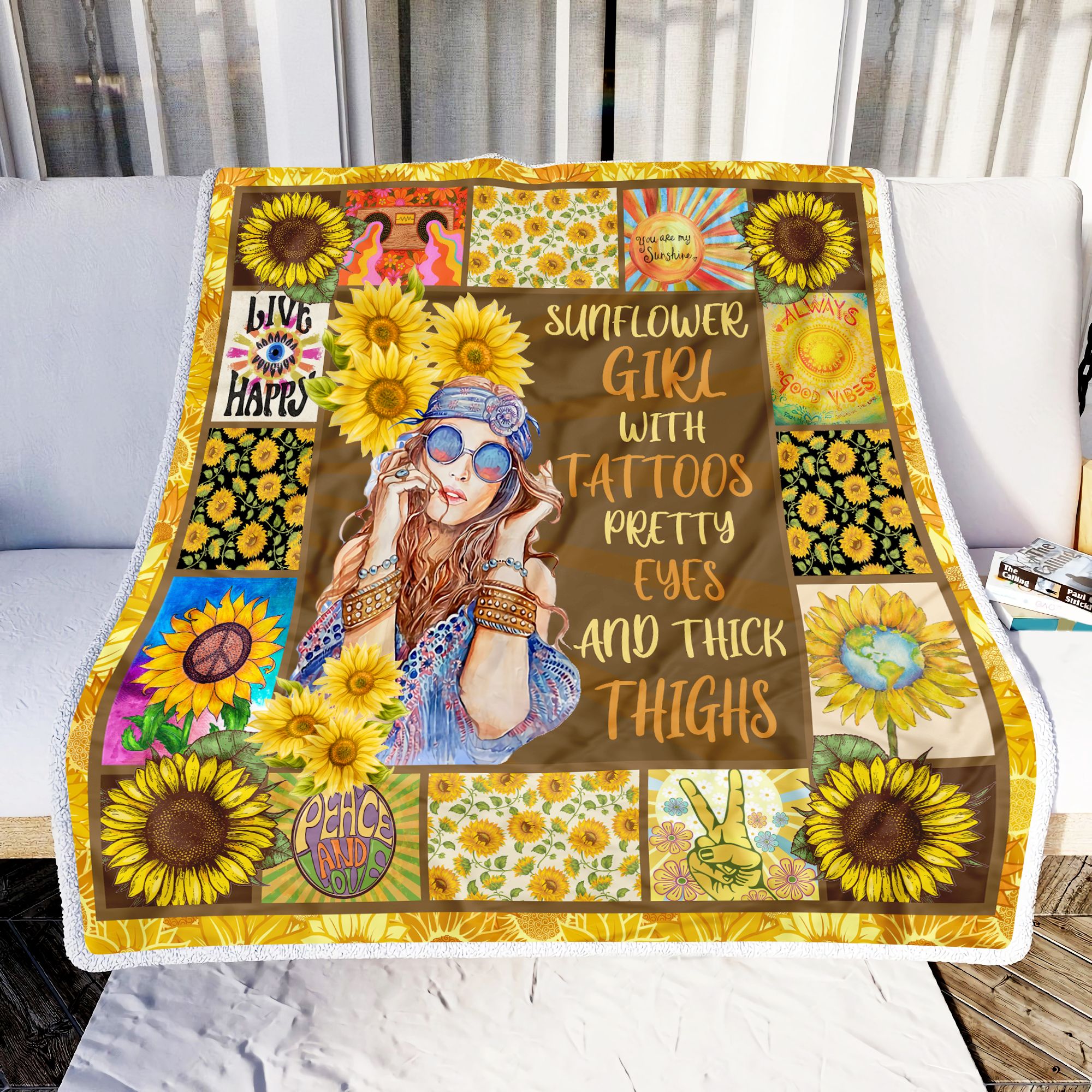 Sunflower Hippie Girl Fleece Blanket