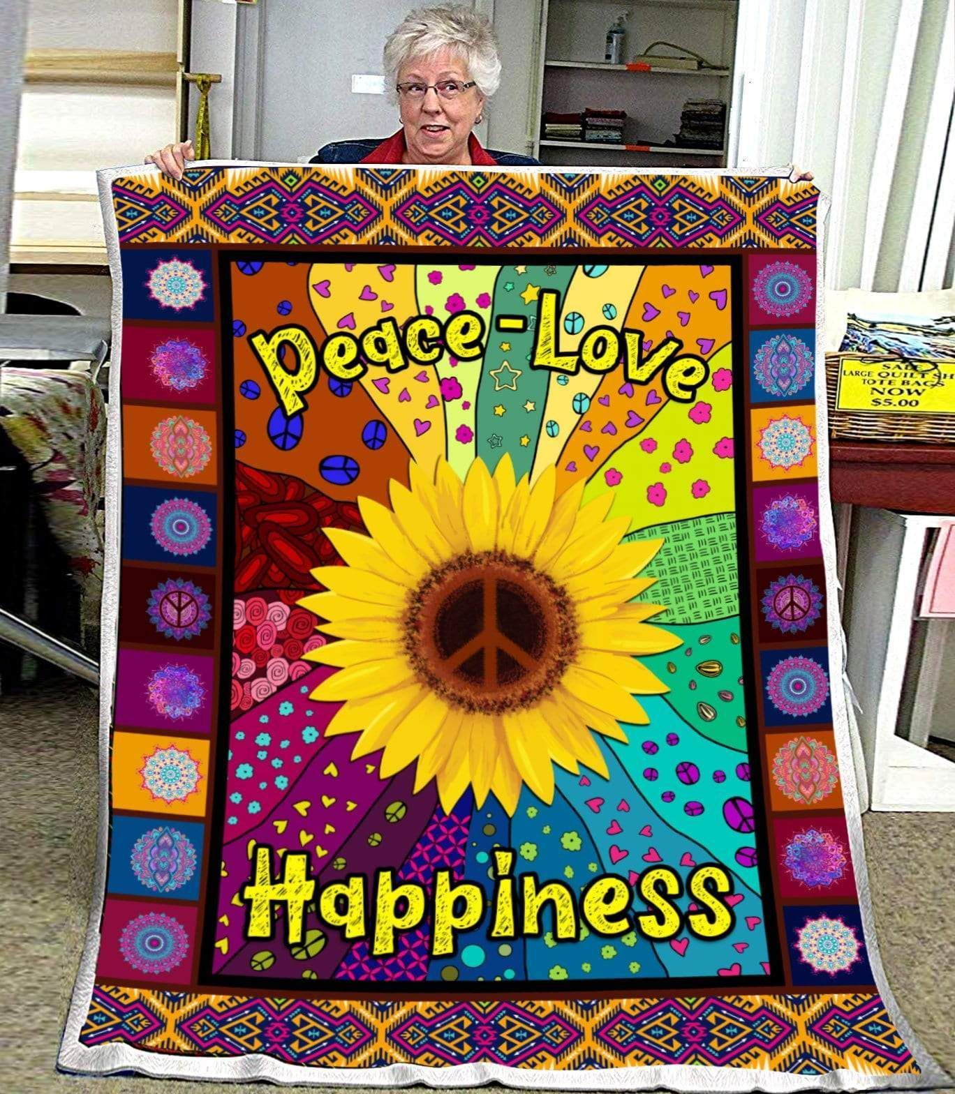 Sunflower Hippie Peace Love Happiness Sherpa Fleece Blanket