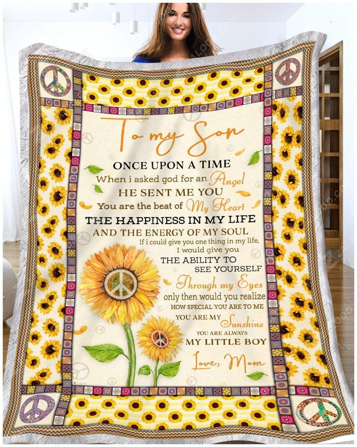 Sunflower Hippie To My Son Once Upon A Time Love Mom Sherpa Fleece Blanket