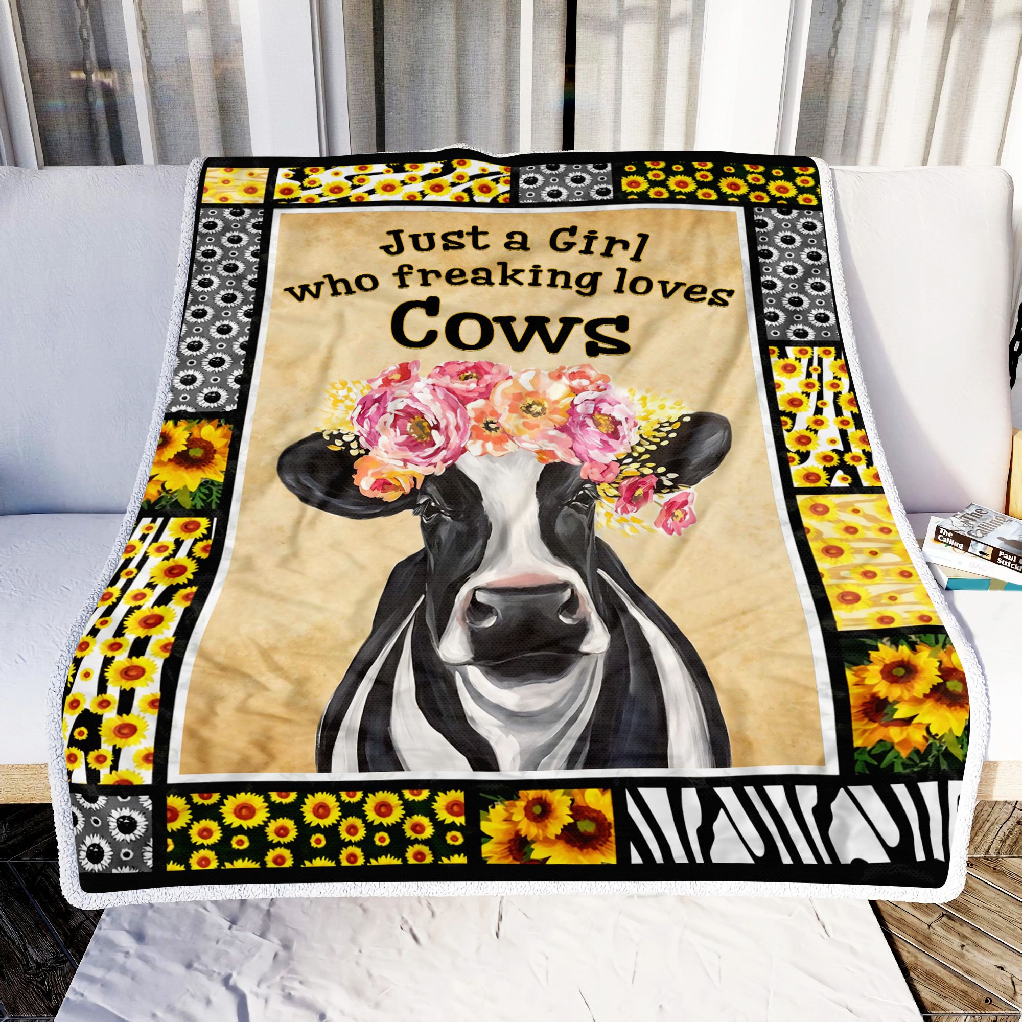 Sunflower Just A Girl Who Freaking Loves Cows Fleece Blanket