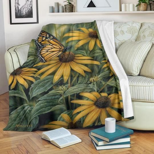 Sunflower Monarch Butterfly Sherpa Fleece Blanket