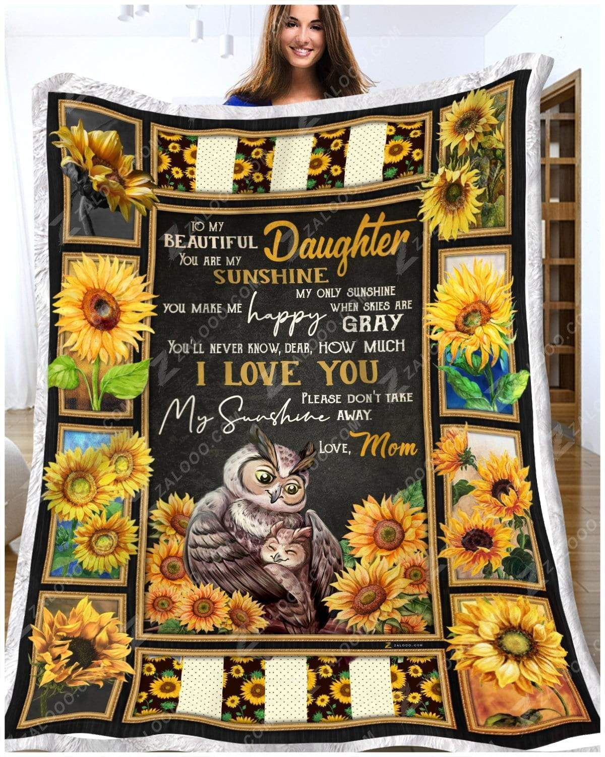 Sunflower Owl You Are My Sunshine Love Mom Sherpa Fleece Blanket