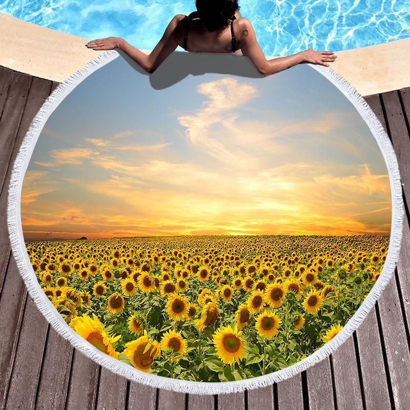 Sunflower Paradise Sunset Printed Round Beach Towel
