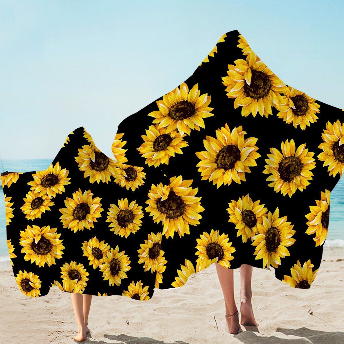 Sunflower Patterns Black Be Bright And Sunny Printed Hooded Towel