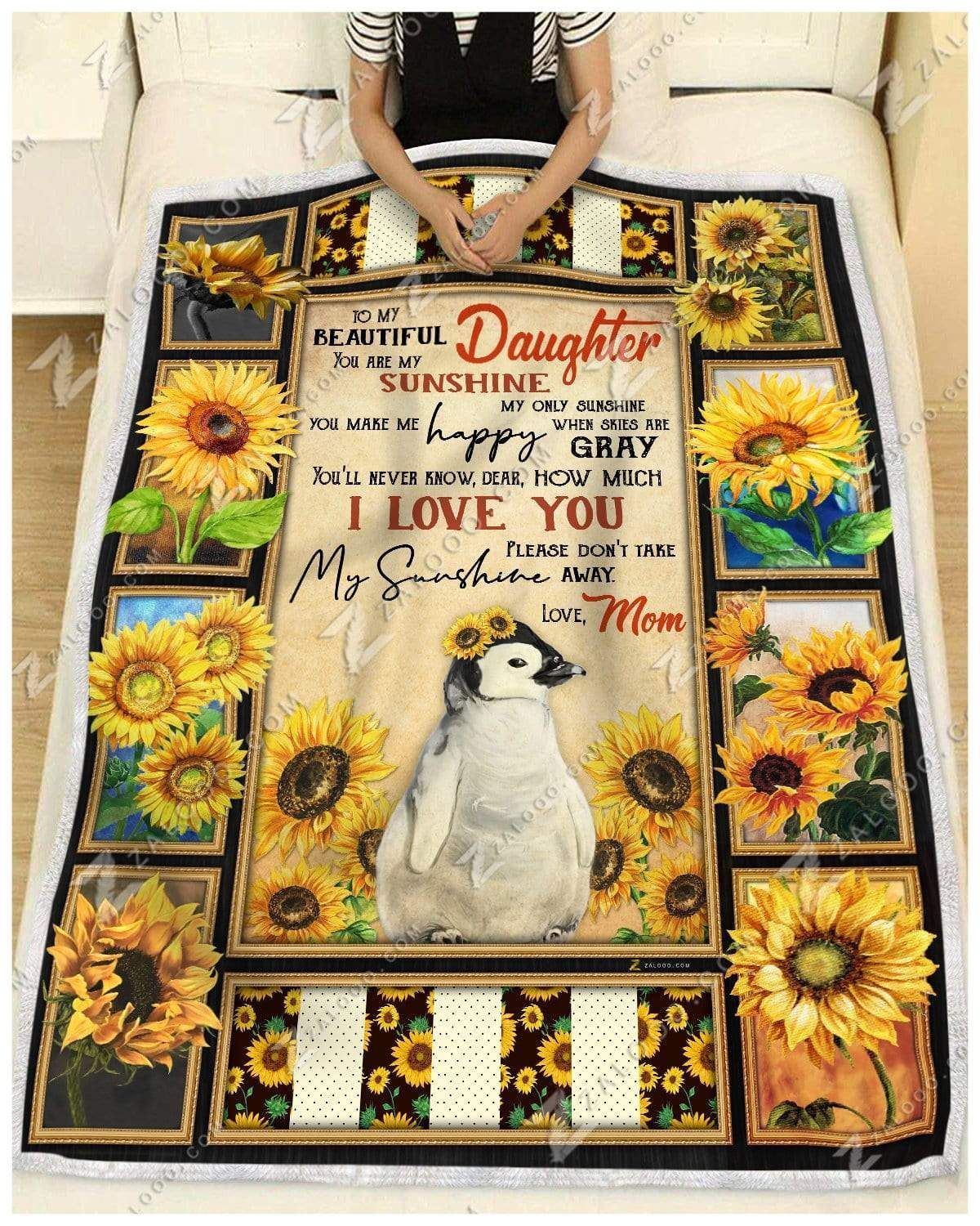 Sunflower Penguin You Are My Sunshine Love Mom Sherpa Fleece Blanket