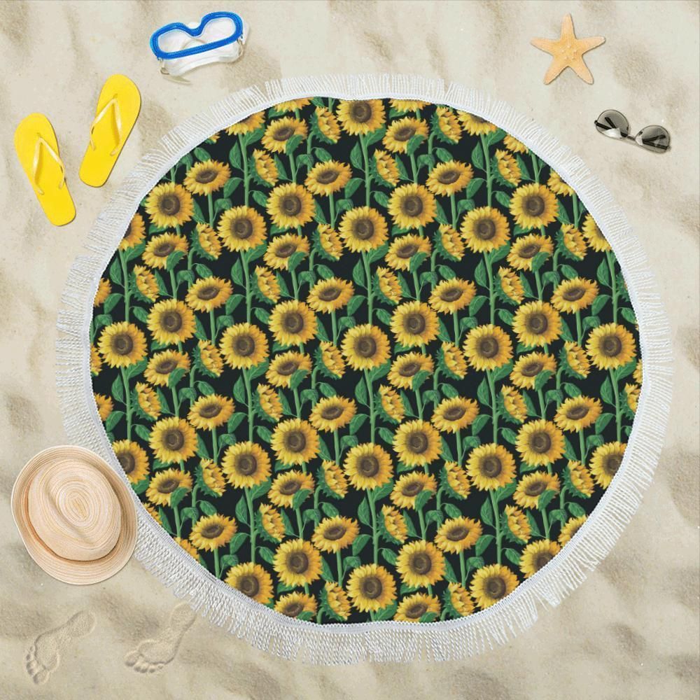 Sunflower Realistic Print Pattern Round Beach Towel