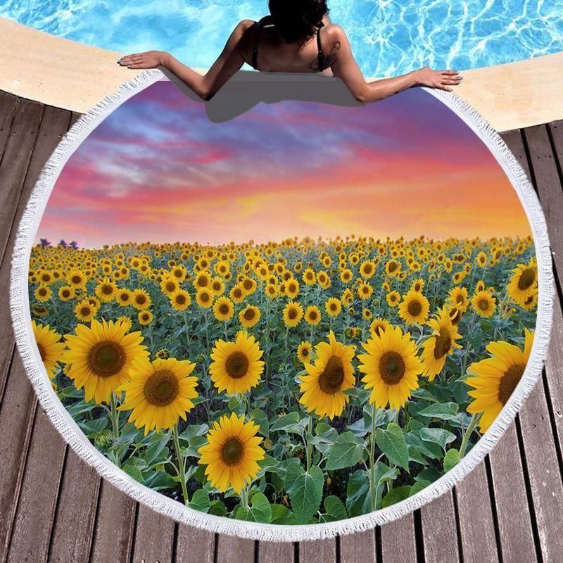 Sunflower Road 3d Printed Round Beach Towel