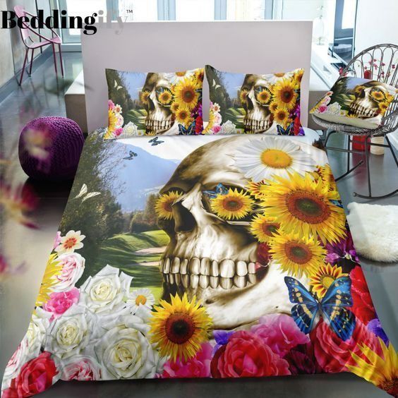 Sunflower Skull Cotton Bed Sheets Spread Comforter Bedding Set