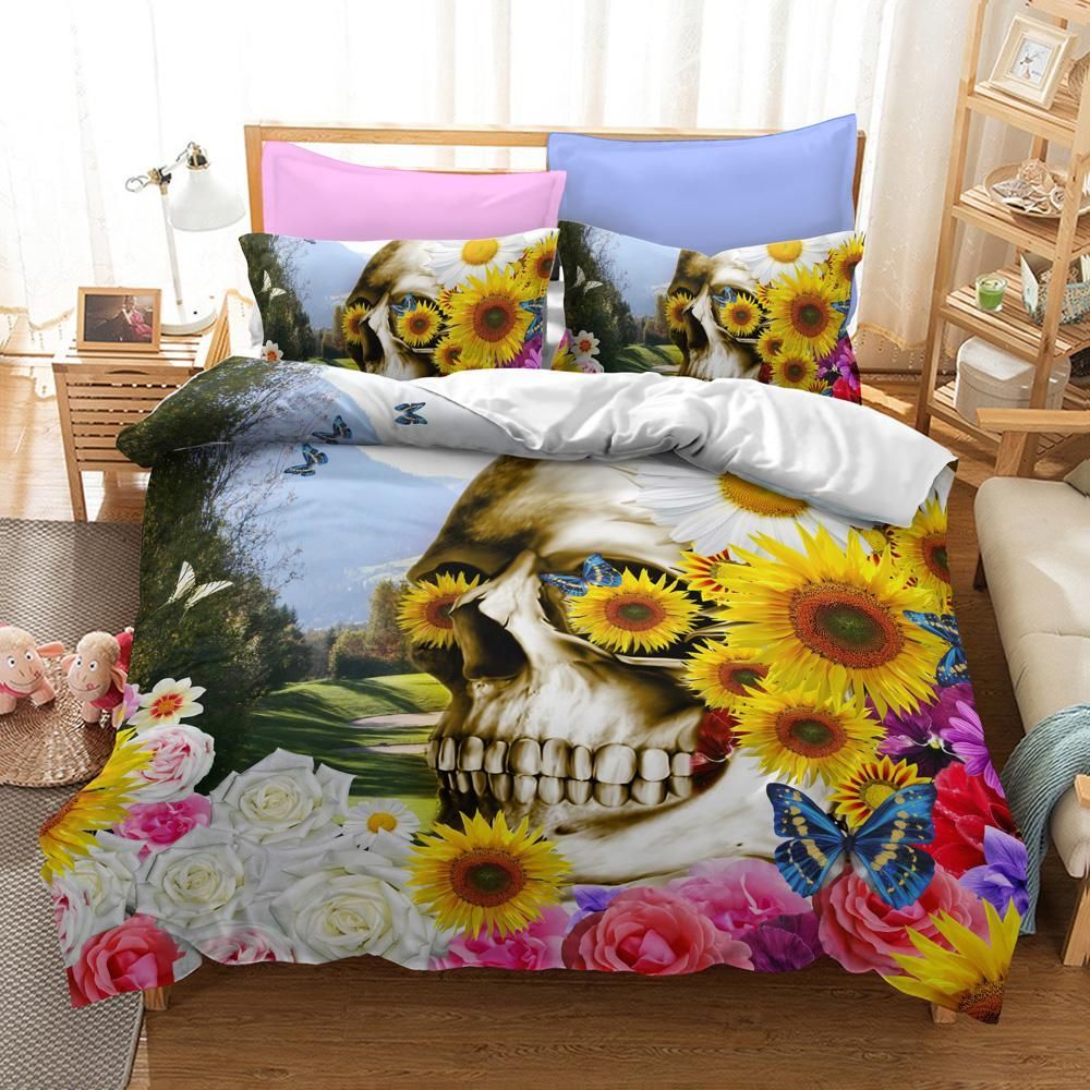 Sunflower Skull Head Printed Bedding Set