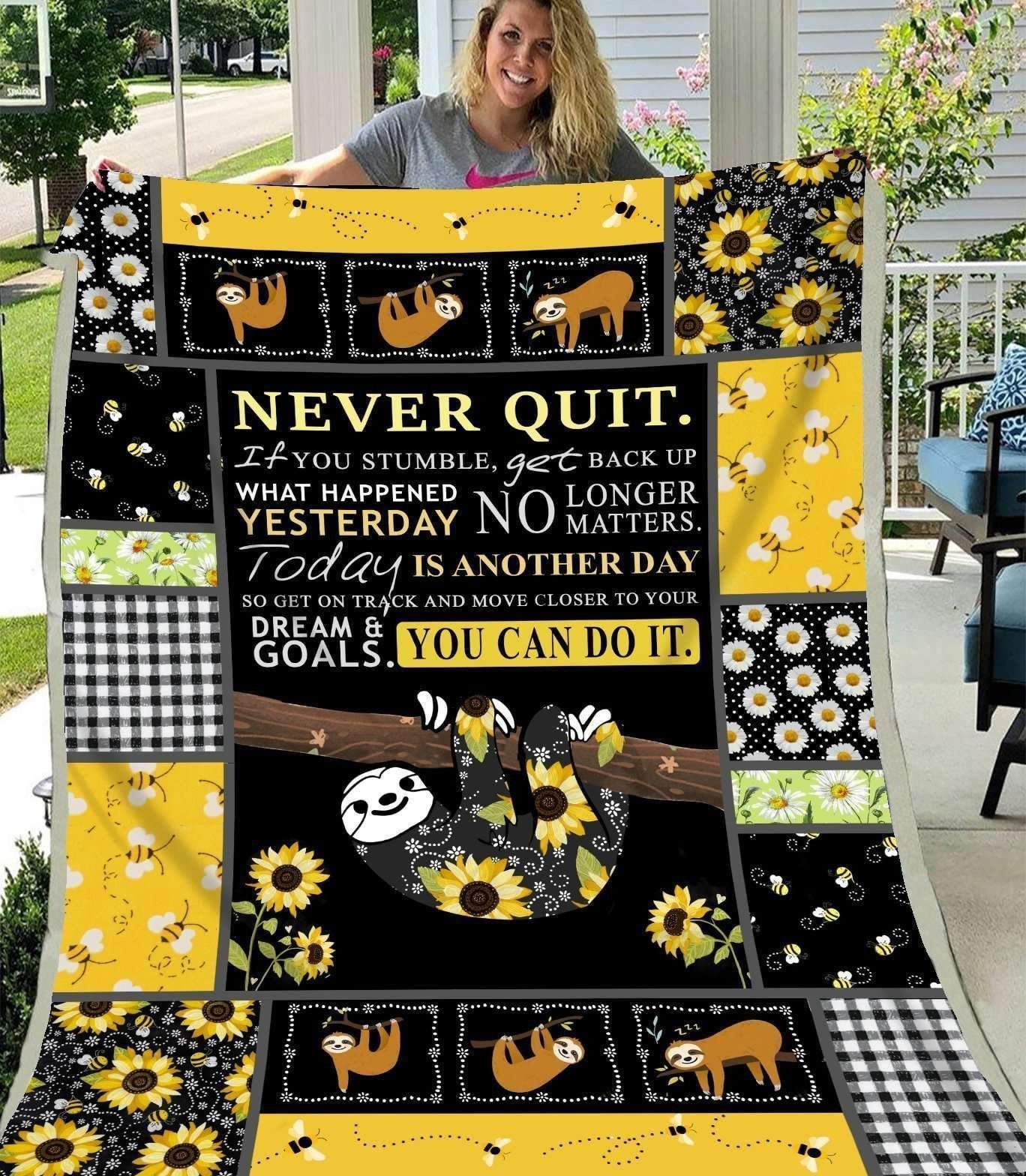 Sunflower Sloth Never Quit Sherpa Fleece Blanket