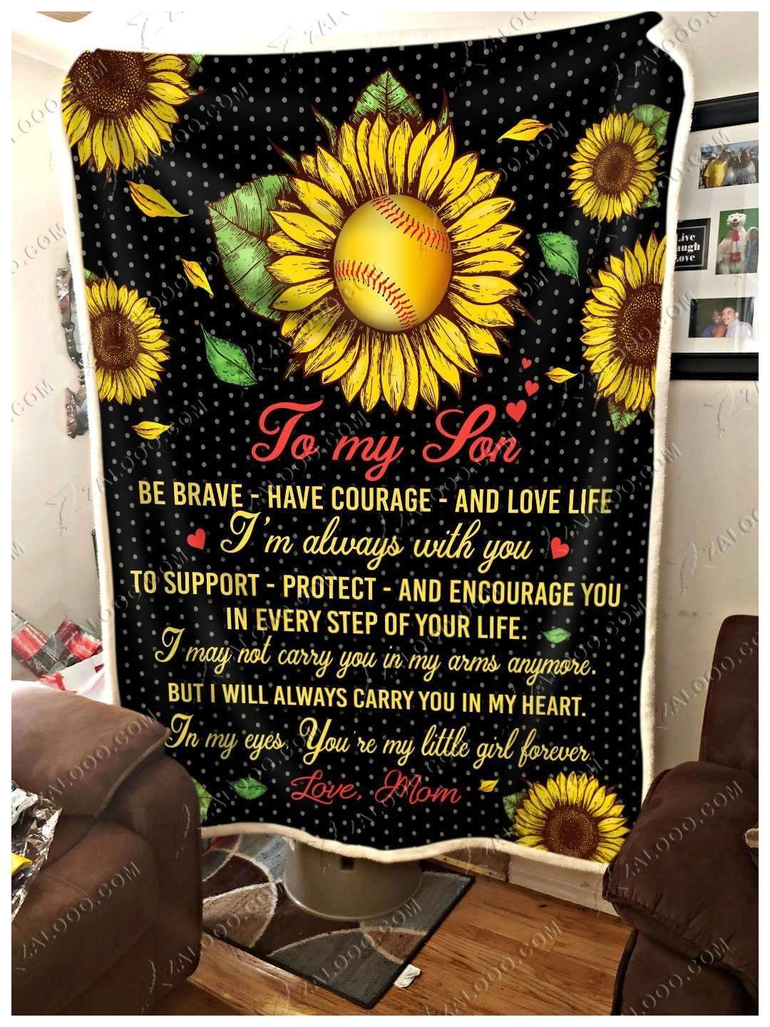 Sunflower Softball Son Mom I L Always Carry You In My Heart Black Sherpa Fleece Blanket