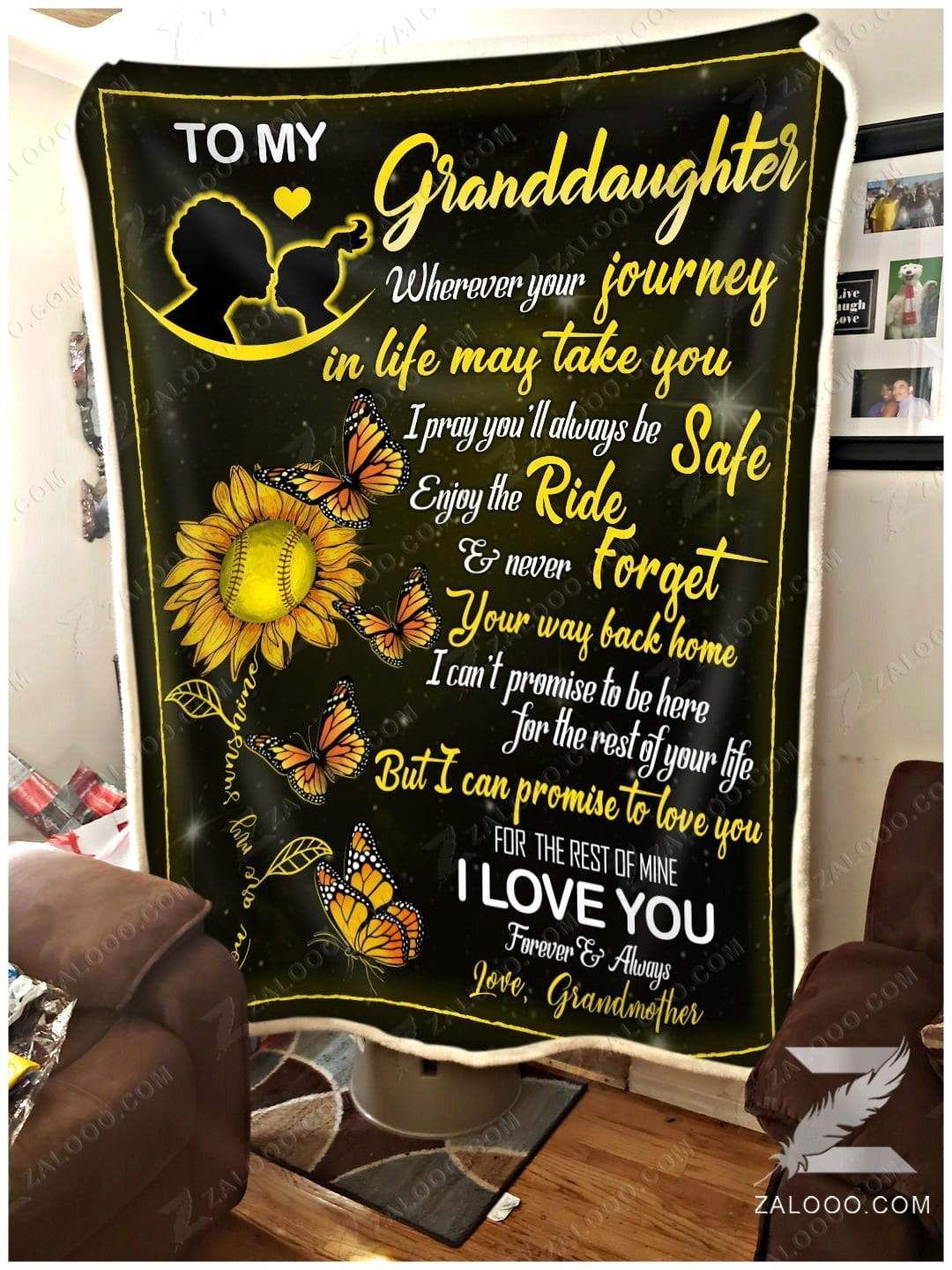 Sunflower Softball To My Granddaughter Butterfly Grandmother Sherpa Fleece Blanket