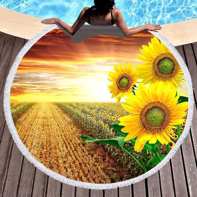 Sunflower Sunset Beautiful Printed Round Beach Towel