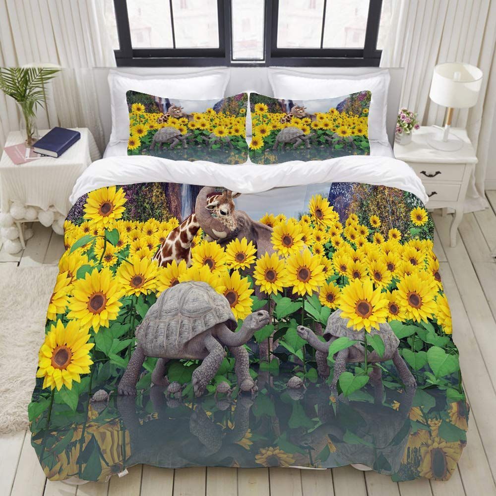 Sunflower Turtle Elephant Giraffe Flower Yellow Tortoise Bedding Set