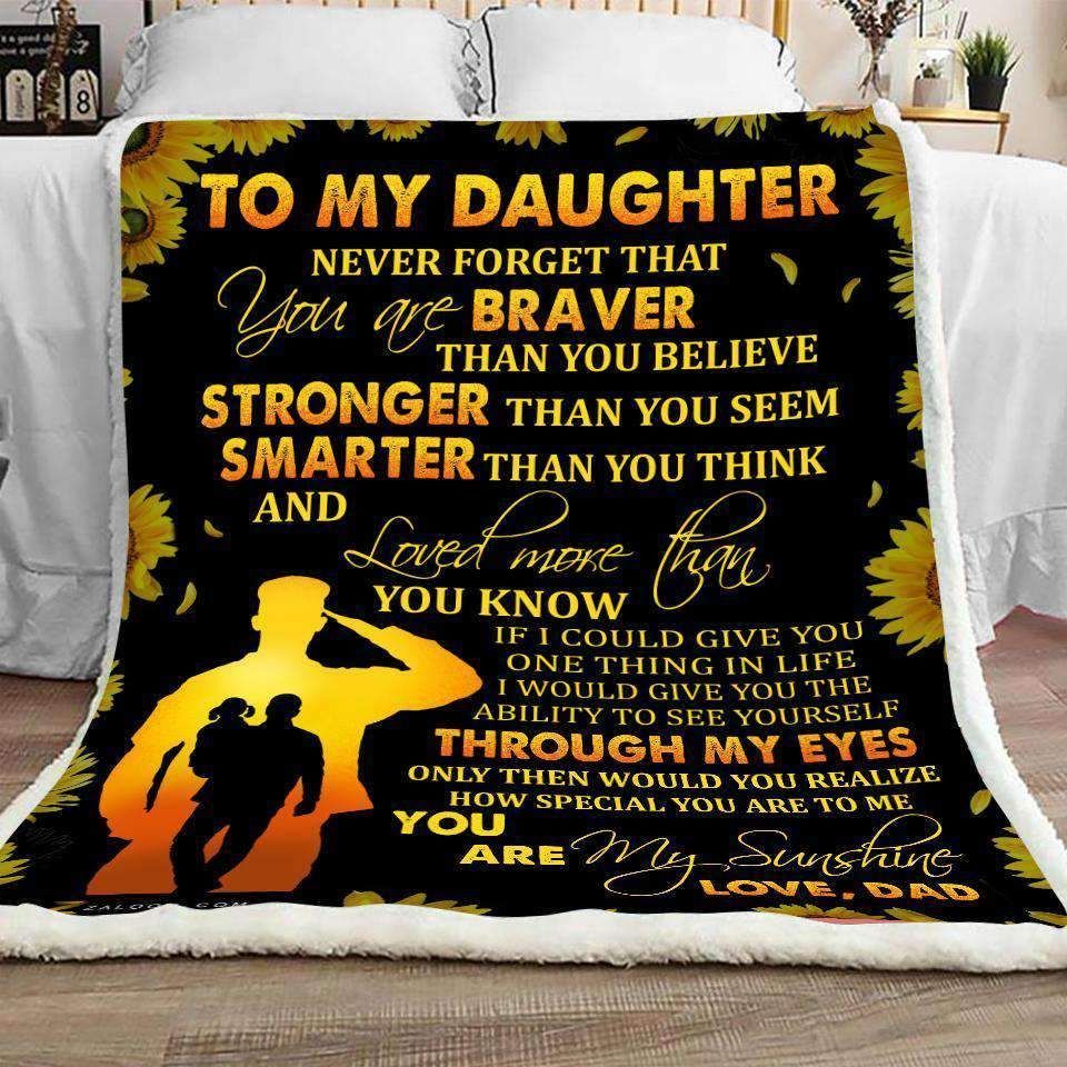 Sunflower Veteran To My Daughter Through My Eyes Love Dad Sherpa Fleece Blanket