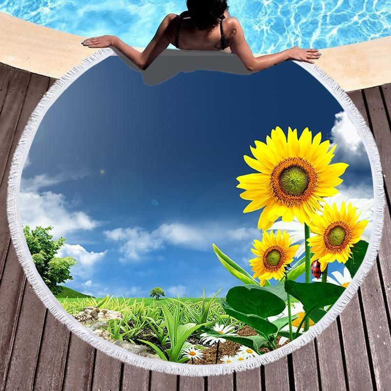 Sunflower With The Sun Printed Round Beach Towel