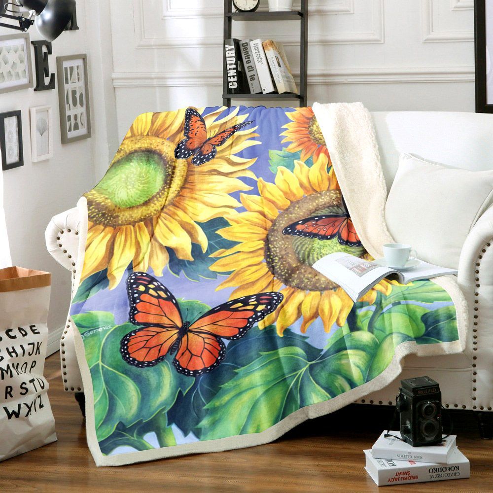 Sunflowers And Butterflies Sherpa Fleece Blanket