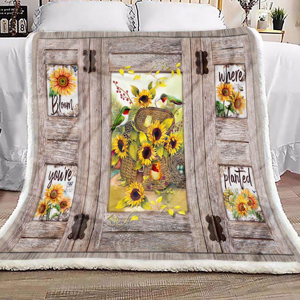 Sunflowers And Hummingbird Bloom Where Youre Planted Fleece Blanket
